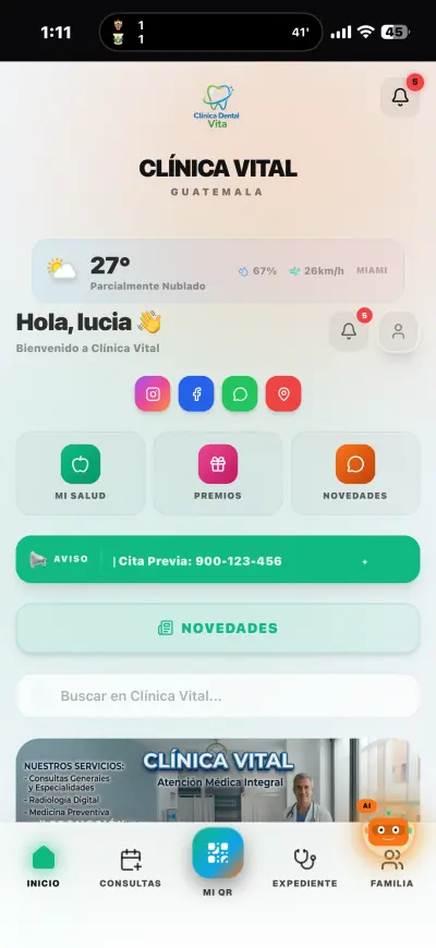 Portal del paciente PWA App para pacientes — home con citas, IA y servicios