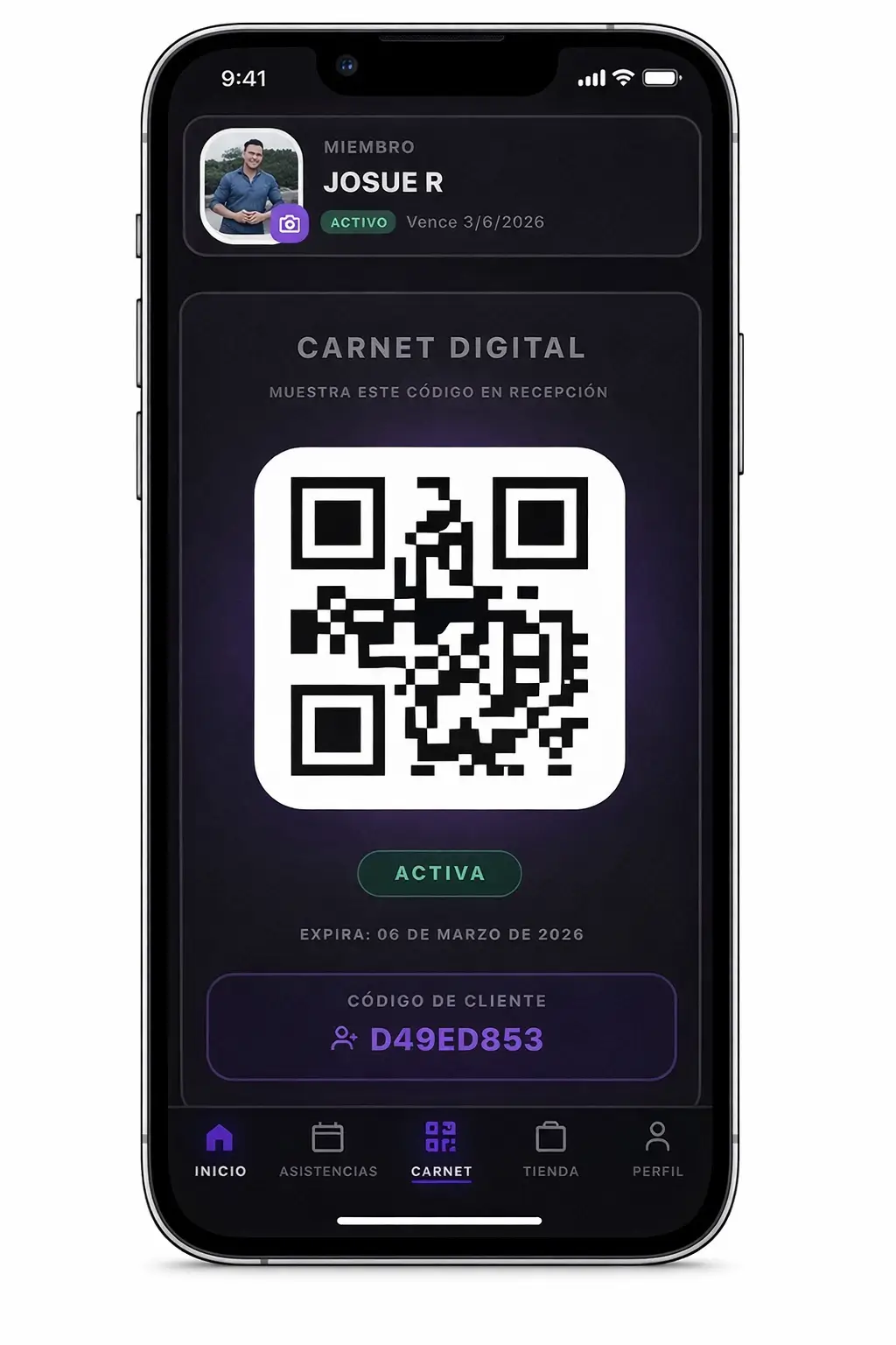Carnet digital QR integrado Carnet digital QR — acceso sin tarjetas físicas