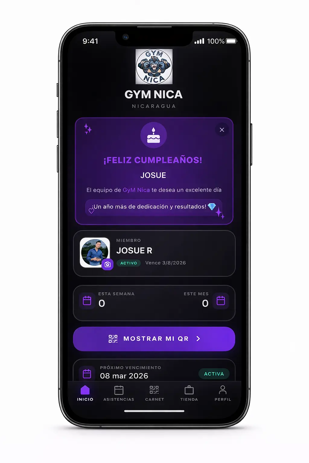 App premium PWA de Systema App premium para clientes — home con QR, asistente IA y tienda