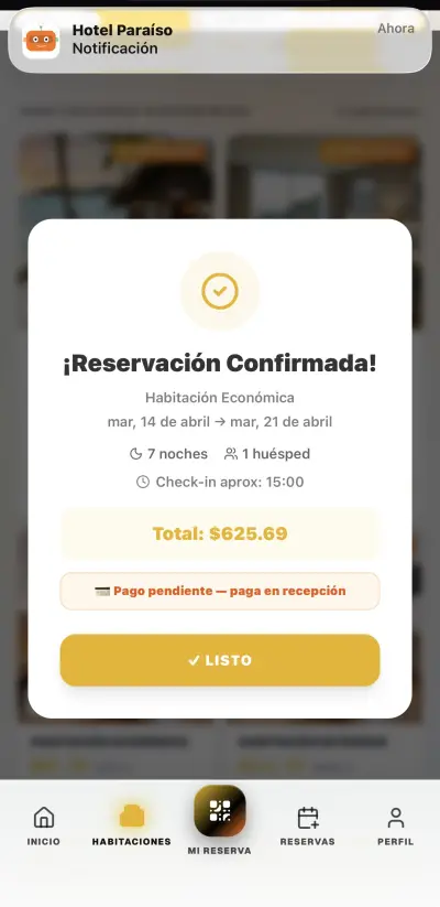 Confirmación de reserva con notificación Reservación confirmada — notificación push