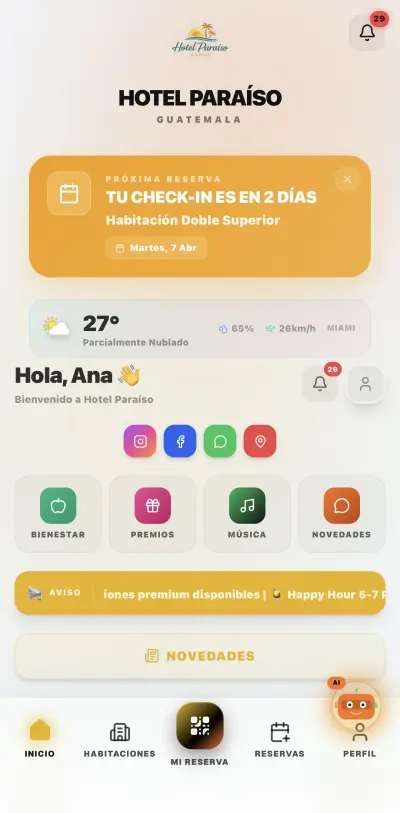 App premium PWA de Systema para hoteles App premium para huéspedes — home con check-in, concierge IA y servicios