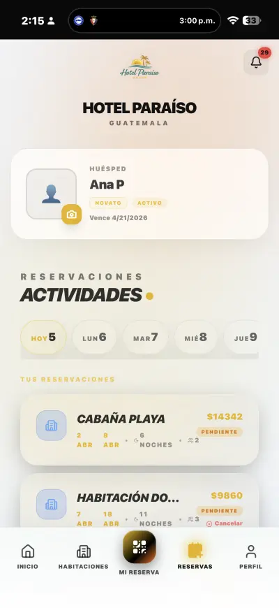 App de reservaciones del hotel App para huéspedes — reservaciones y actividades