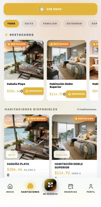 Catálogo de habitaciones del hotel Galería de habitaciones — Cabaña Playa, Suite, Familiar