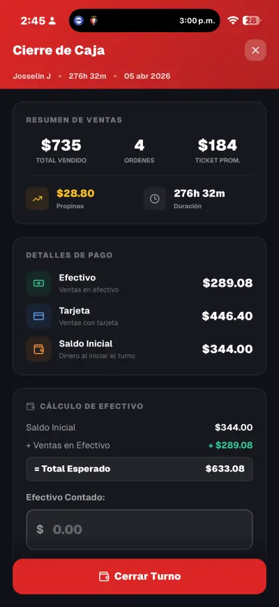 Cierre de caja del mesero App del mesero — cierre de caja con ventas y propinas