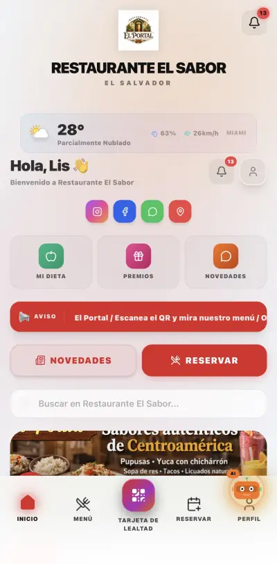 App PWA del comensal App del comensal — home con menú, reservaciones y pedidos