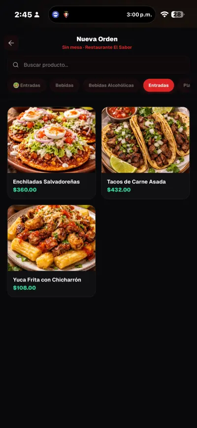 Toma de pedido con menú visual Nueva orden — menú con fotos de platillos
