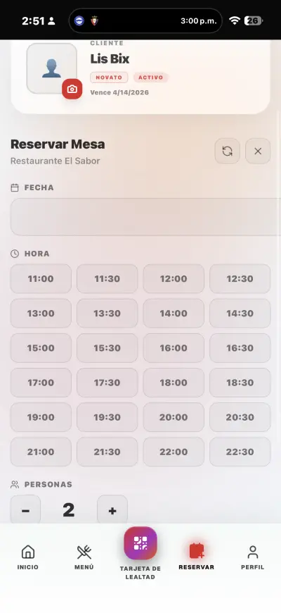 Reservación de mesa online Reservar mesa — selección de fecha, hora y personas