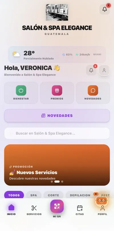 App premium PWA de Systema para salones App premium para clientes — home con servicios, promociones y asesor IA