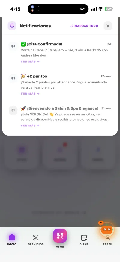 Notificaciones push del salón Notificaciones — citas confirmadas, puntos y recordatorios
