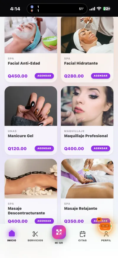 Servicios y precios del salón Catálogo de servicios del salón — Facial, Manicure, Masaje