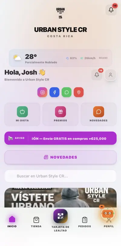 App premium PWA de Urban Style CR App premium para clientes — home con catálogo, Stylist IA y ofertas